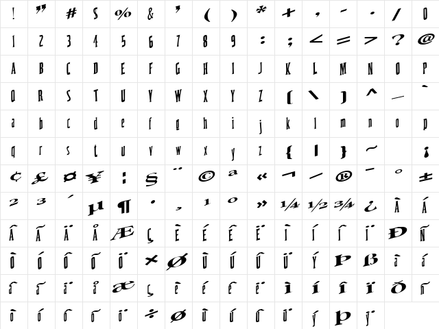 Coast Regular  glyph index