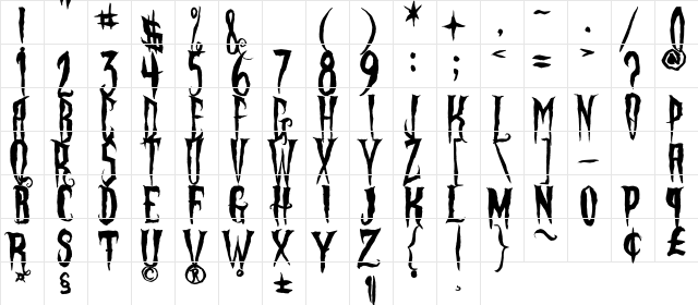 Phantom Fingers Regular  glyph index