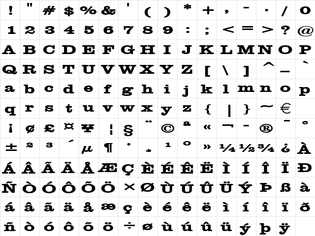 ClareExtended Bold  glyph index