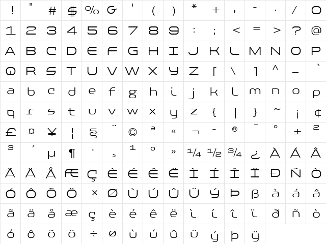 PF Baseline Pro Light  glyph index