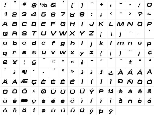 MicroExtendFLF-BoldItalic Regular  glyph index