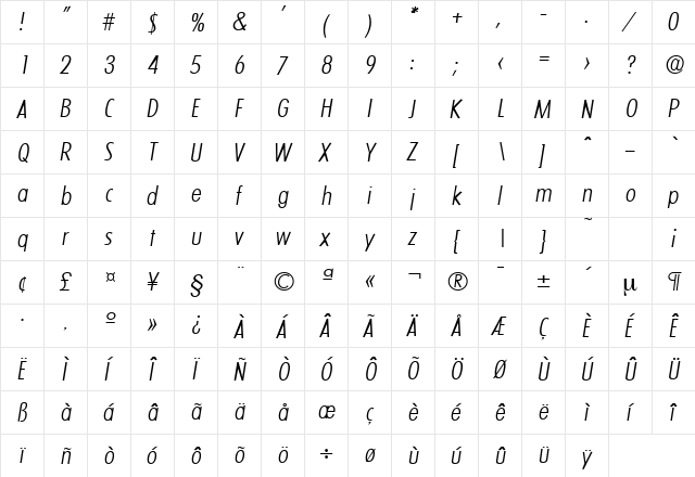 LimerickCond-Serial-Light RegularItalic  glyph index