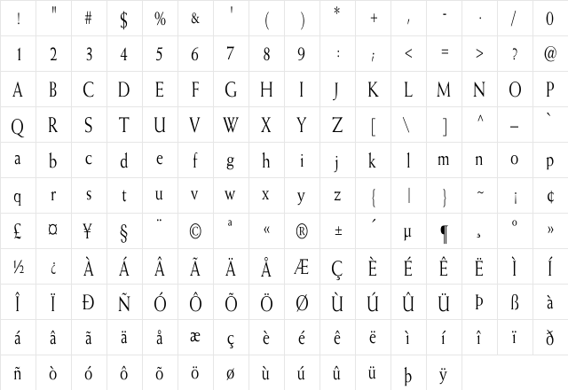 Weiss Cn Regular  glyph index