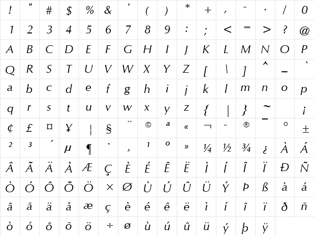 CG Omega Italic  glyph index