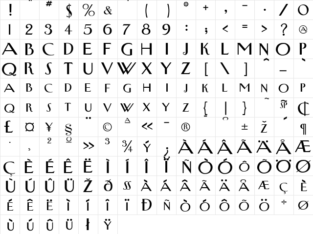 NewYorkerType Regular  glyph index