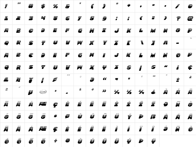 Zounderkite Halftone Italic Italic  glyph index