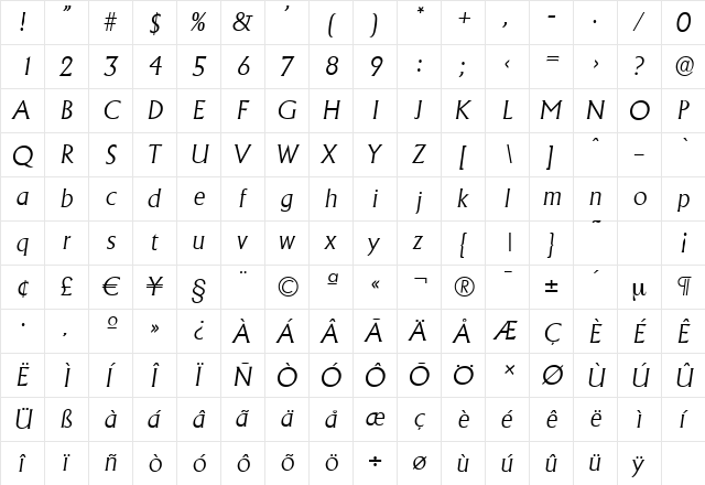 AdelonSerial-Light Italic  glyph index