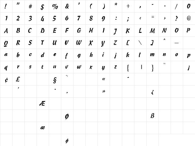 OleScriptLightSSK Regular  glyph index