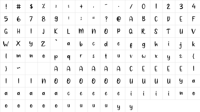 Baby Blue Regular  glyph index