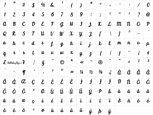 HT Trattoria Regular  glyph index