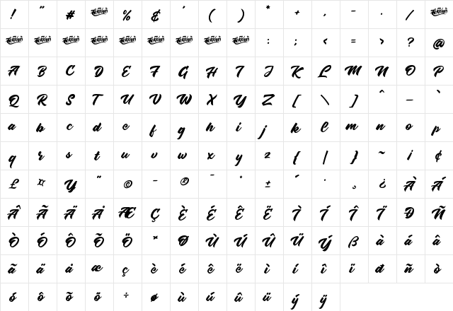 Radens Regular  glyph index