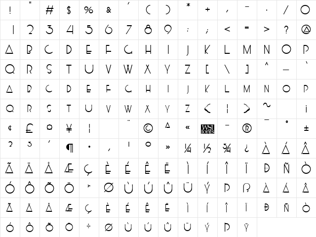 Kensington Regular  glyph index