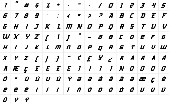Arcades Italic Regular  glyph index