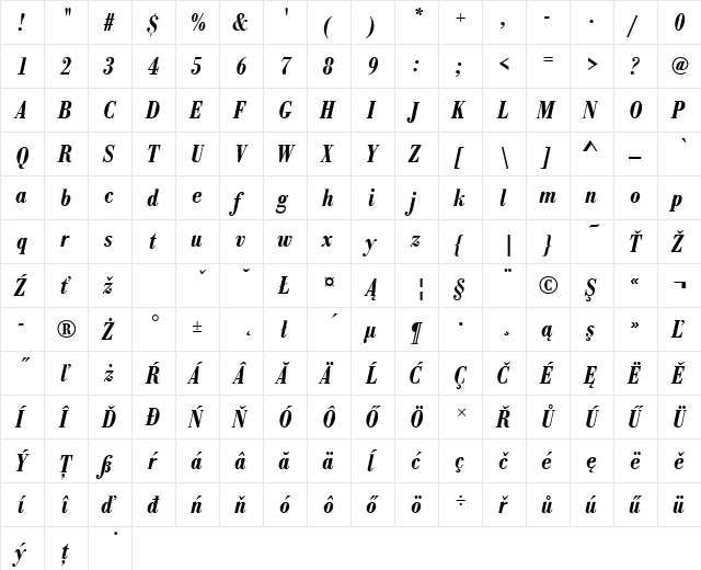 BodoniAntTEEDemBolCon Italic  glyph index