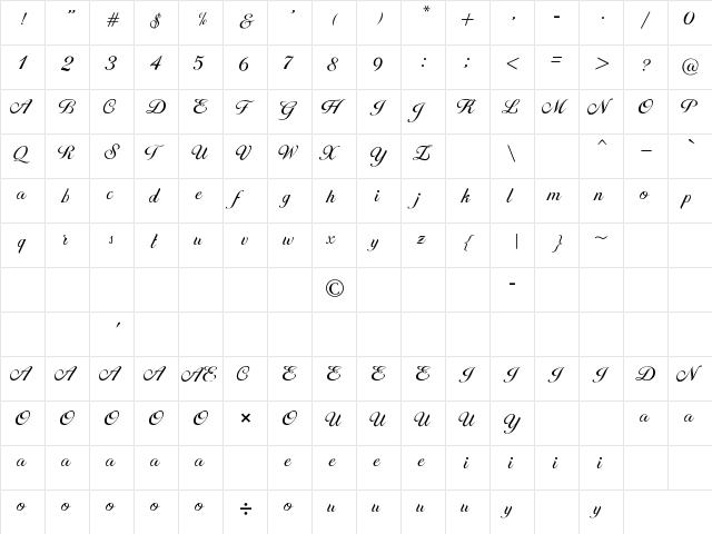 Brithney Regular  glyph index