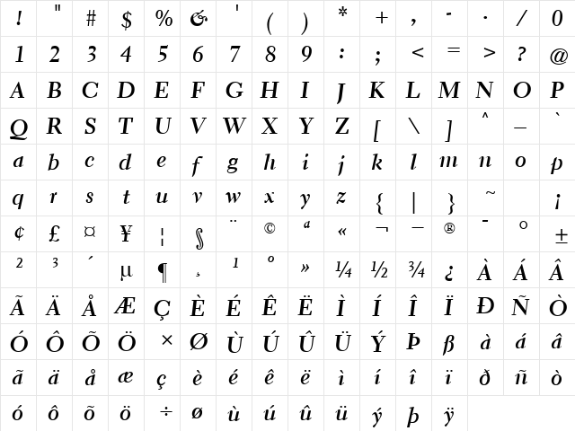 Elante Bold Italic  glyph index