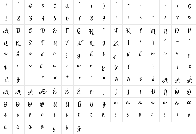 Bellasya Regular  glyph index