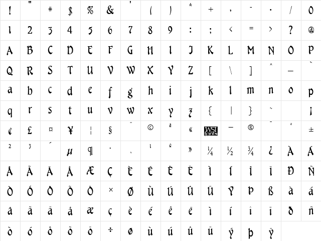 Cheshire Regular  glyph index