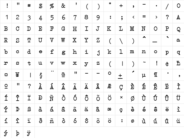 Erica Type Regular  glyph index