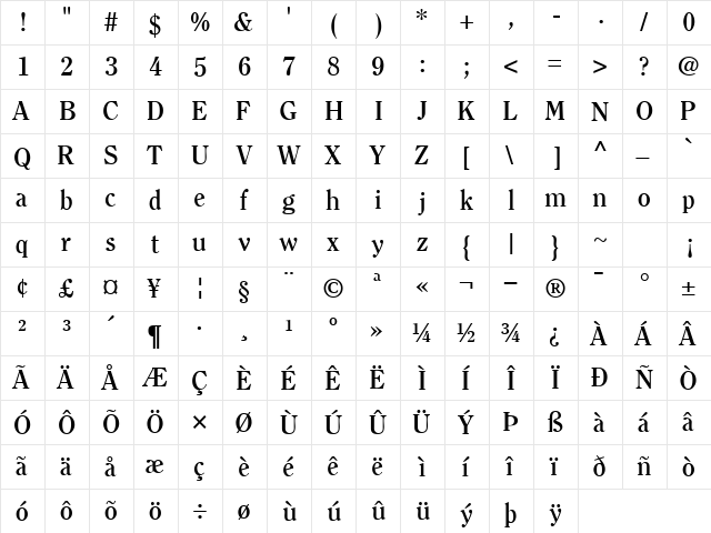 ClearfaceSSK Bold  glyph index