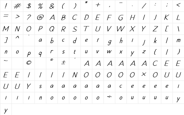 Hansville Italic  glyph index