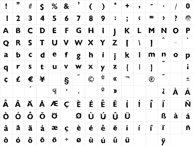 ChantillyRandom Bold  glyph index