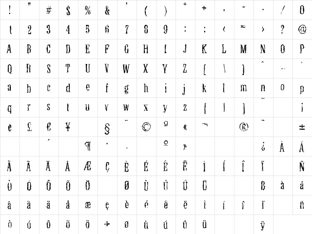 RobertBeckerRandom-Light Regular  glyph index