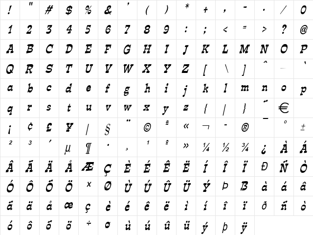 ExposeCondensed Italic  glyph index