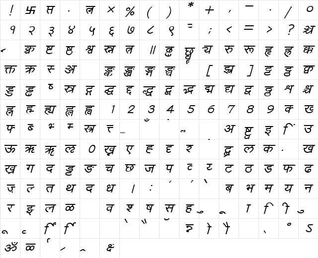 Yogeshweb Italic  glyph index