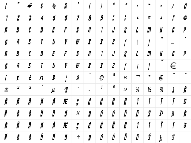 KosherThin BoldItalic  glyph index