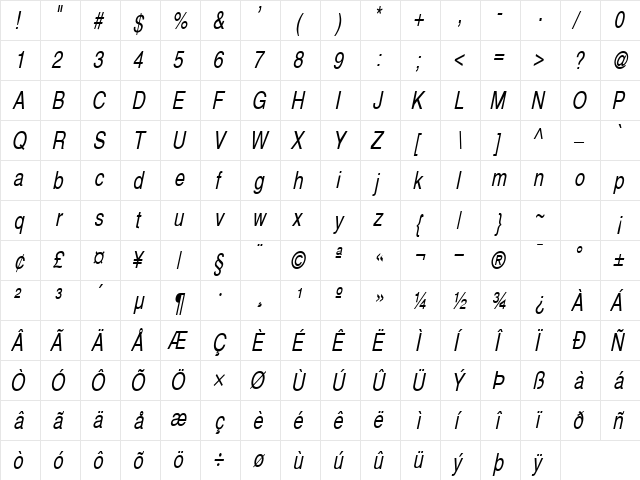 Alps Thin Italic  glyph index