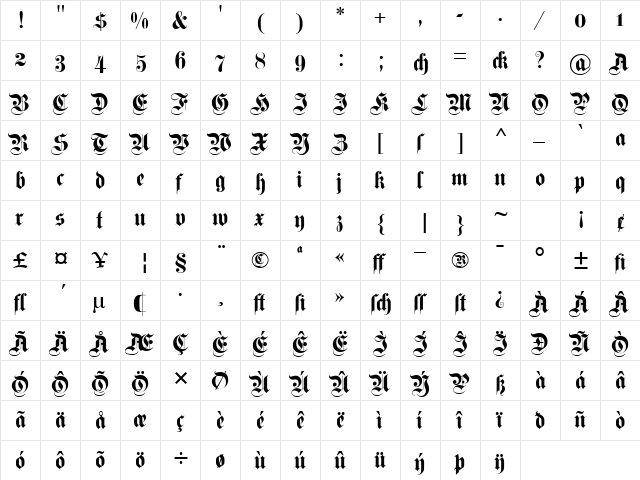 DS Fette Kanzlei OsF Regular  glyph index