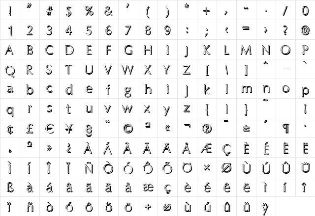 EricBeckerShadow-Xlight Regular  glyph index