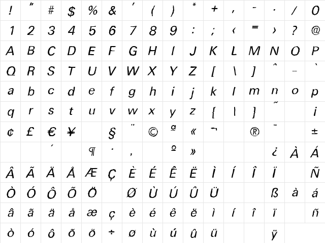 UltimateAntique Italic  glyph index