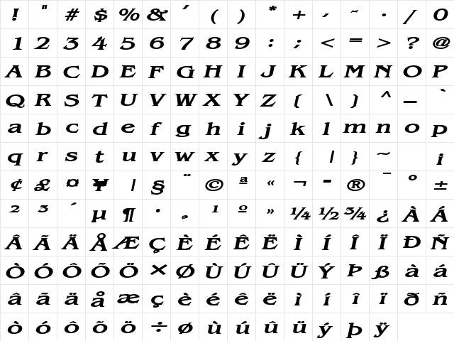 Bangle Extended BoldItalic  glyph index