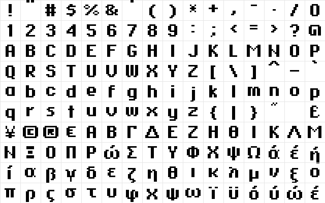 RaxelGreekBold Bold  glyph index