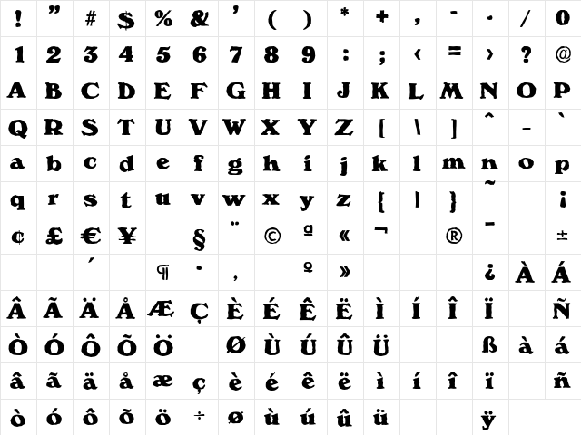 VeronaAntique-Heavy Regular  glyph index