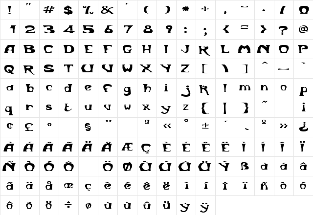 BodyShopExtended Regular  glyph index