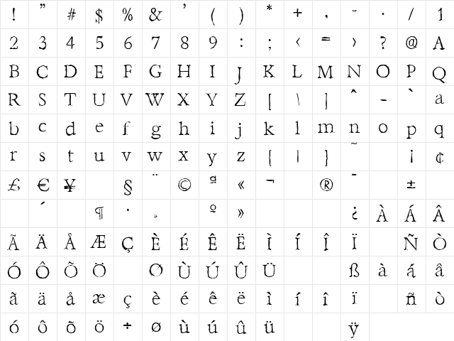 AndrewBeckerAntique-Xlight Regular  glyph index