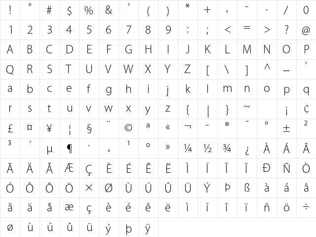 Myriad Pro Light  glyph index