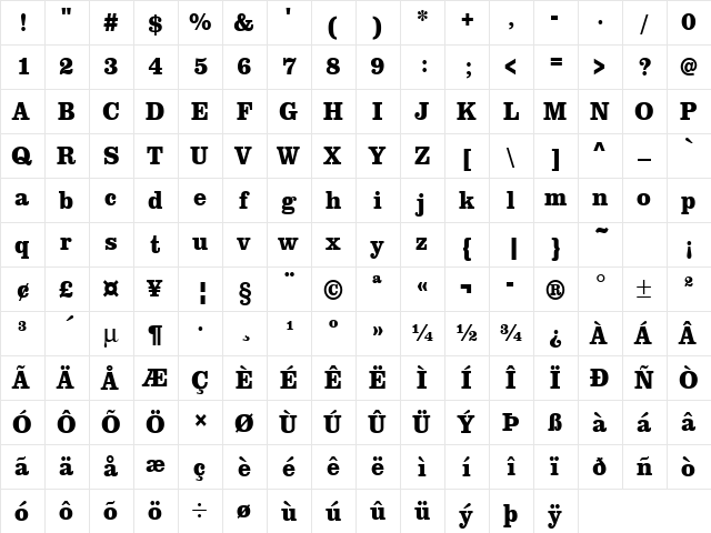 URWClarendonTExtNar Bold  glyph index