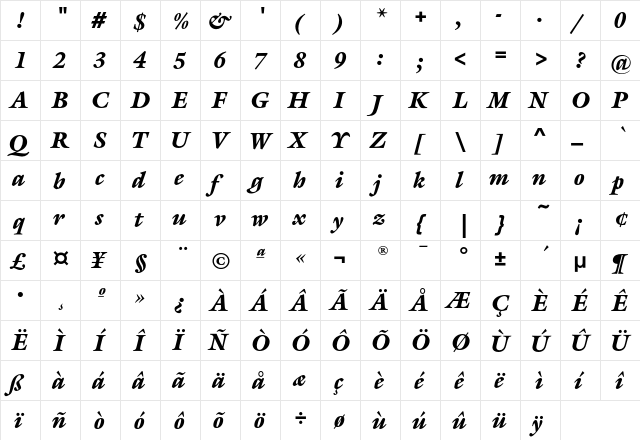 GalliardEF-BlackItalic Regular  glyph index