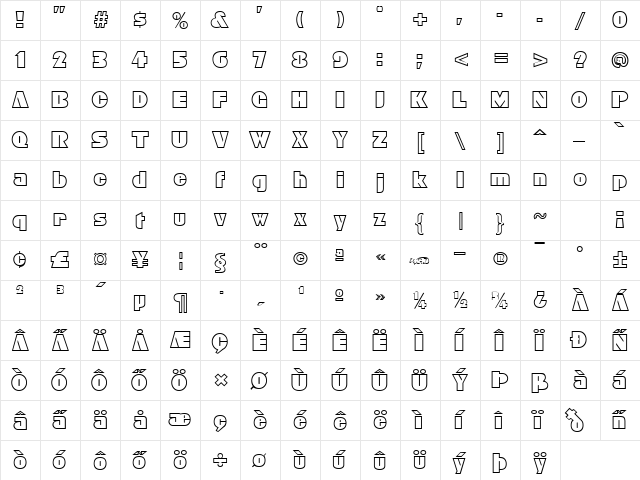 Bleucher Regular  glyph index