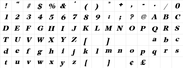 Peplum Oblique  glyph index