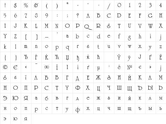 AGReverance Roman  glyph index