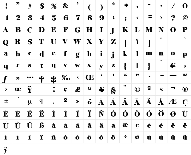 Baskerville-Heavy Regular  glyph index