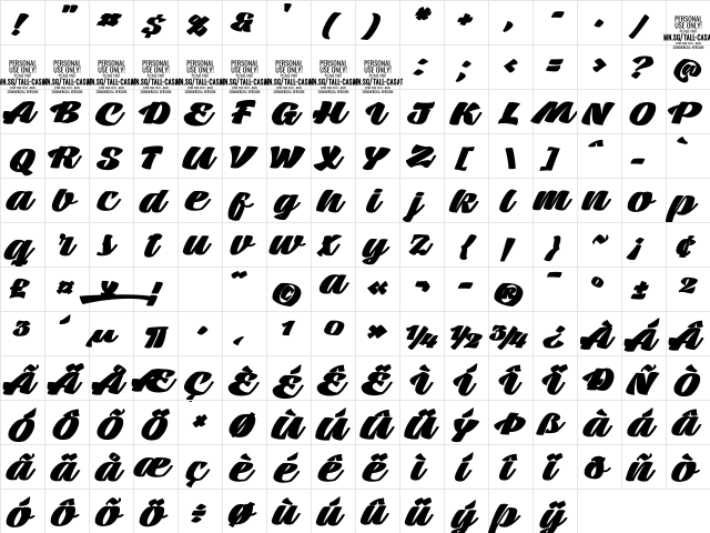 Tall Casat Fat PERSONAL USE Regular  glyph index
