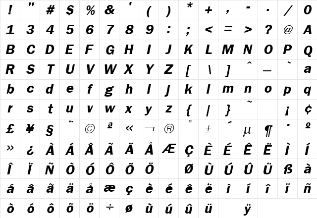 Franklin Gothic Bold Italic  glyph index