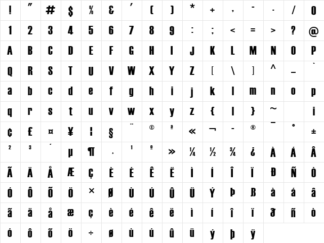 Haettenschweiler Regular  glyph index