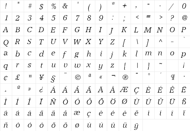 Accord Light SF Italic  glyph index